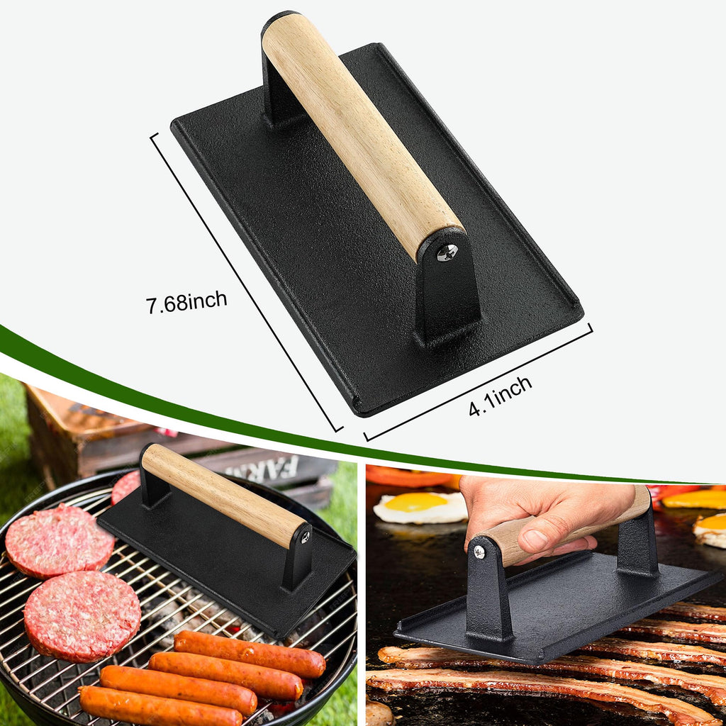 5PCS Smash Burger Press Kit - 4 in 1 Hamburger Patty Storage Containers, 7.68"X4.1" Cast Iron Smash Bacon Press - Non