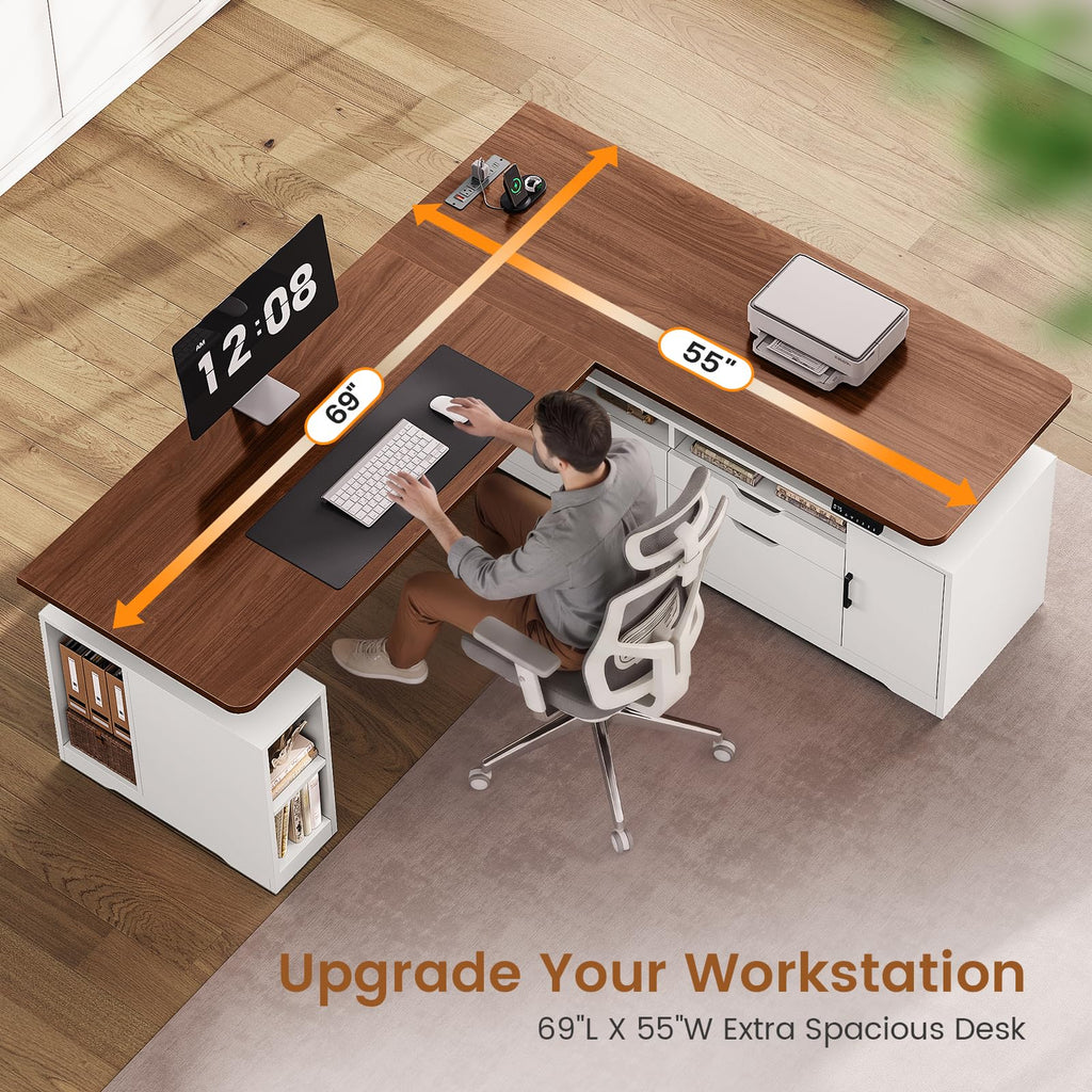Modern L Shaped Executive Electric Standing Desk with 4 Drawers