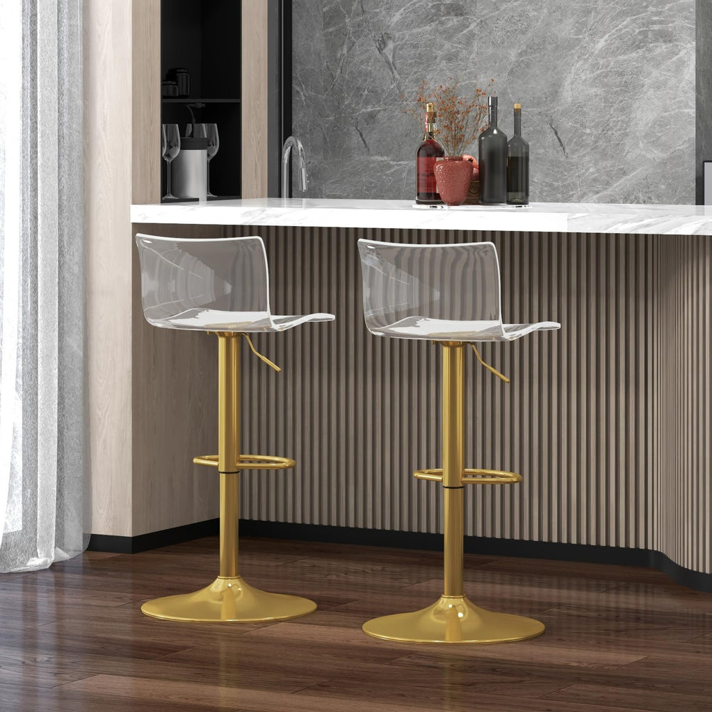 Acrylic Bar Stools with Mid Back Set of 2 Adjustable Swivel Clear Gold Base