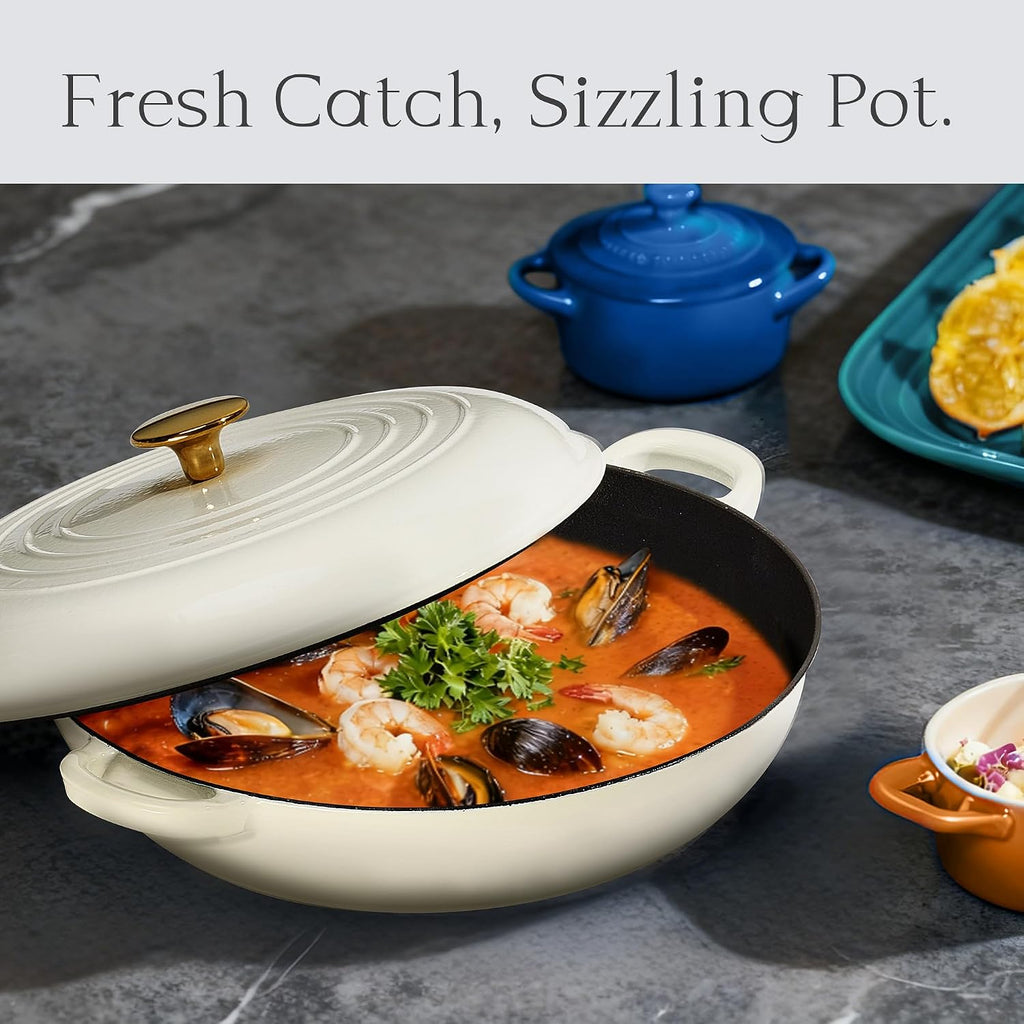 3.4QT Enamel Cast Iron Cookware, Skillet with Lid, White Dutch Oven | Shallow Round Braiser Pan Oven Safe, Non-Toxic