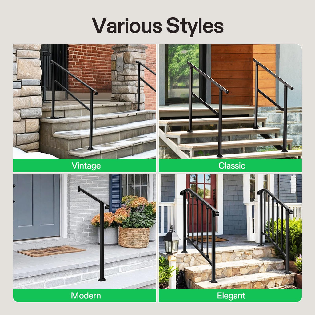 3-Step Stair Handrail 40"x39" Wrought Iron with 1 Curved End Black