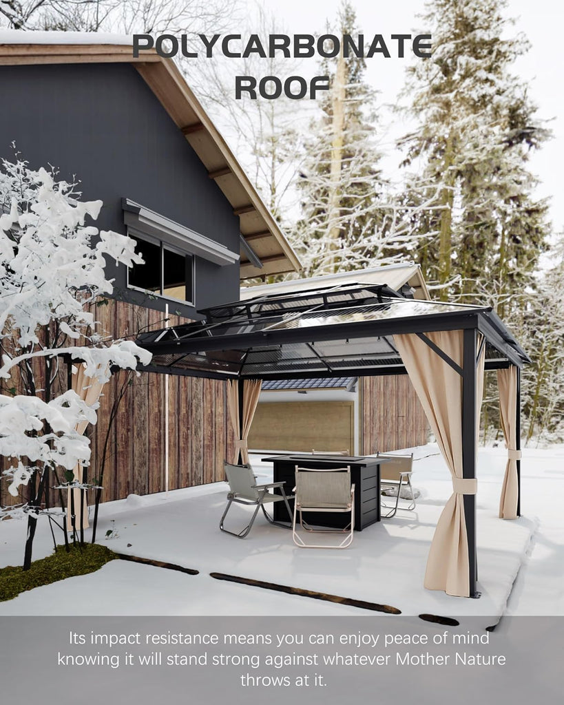 GarveeLife Hardtop Gazebo 12 ft x16 ft for All Weather, Double Polycarbonate Sheets Roof, Aluminum Alloy Frame, Net