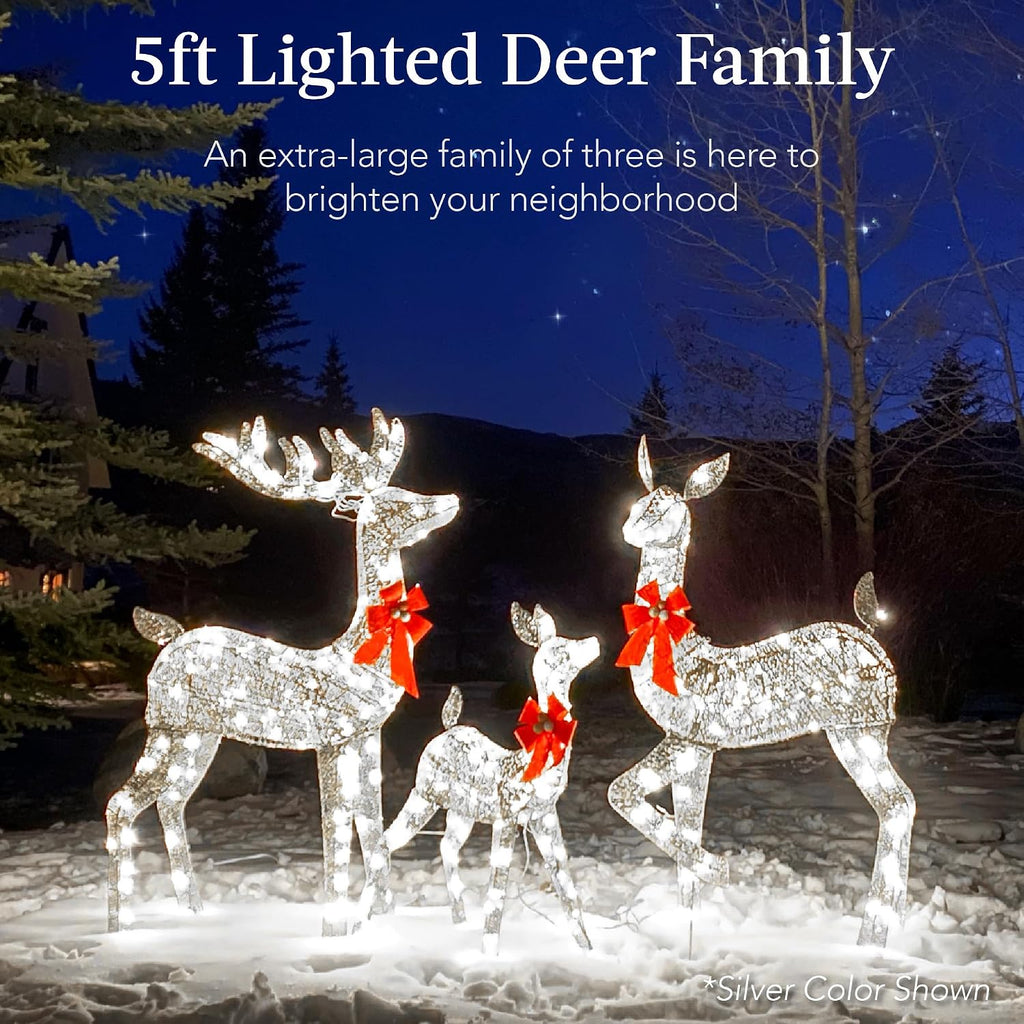 3-Piece Large Lighted Christmas Deer Family Set 5Ft Outdoor Yard Decoration with 360 LED Lights, Stakes, Zip Ties