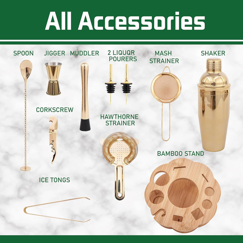Cocktail Shaker Set Bartender Kit with Rotatble Bamboo Stand, Bar Set Stainless Steel Bar Accessories - Set of 11