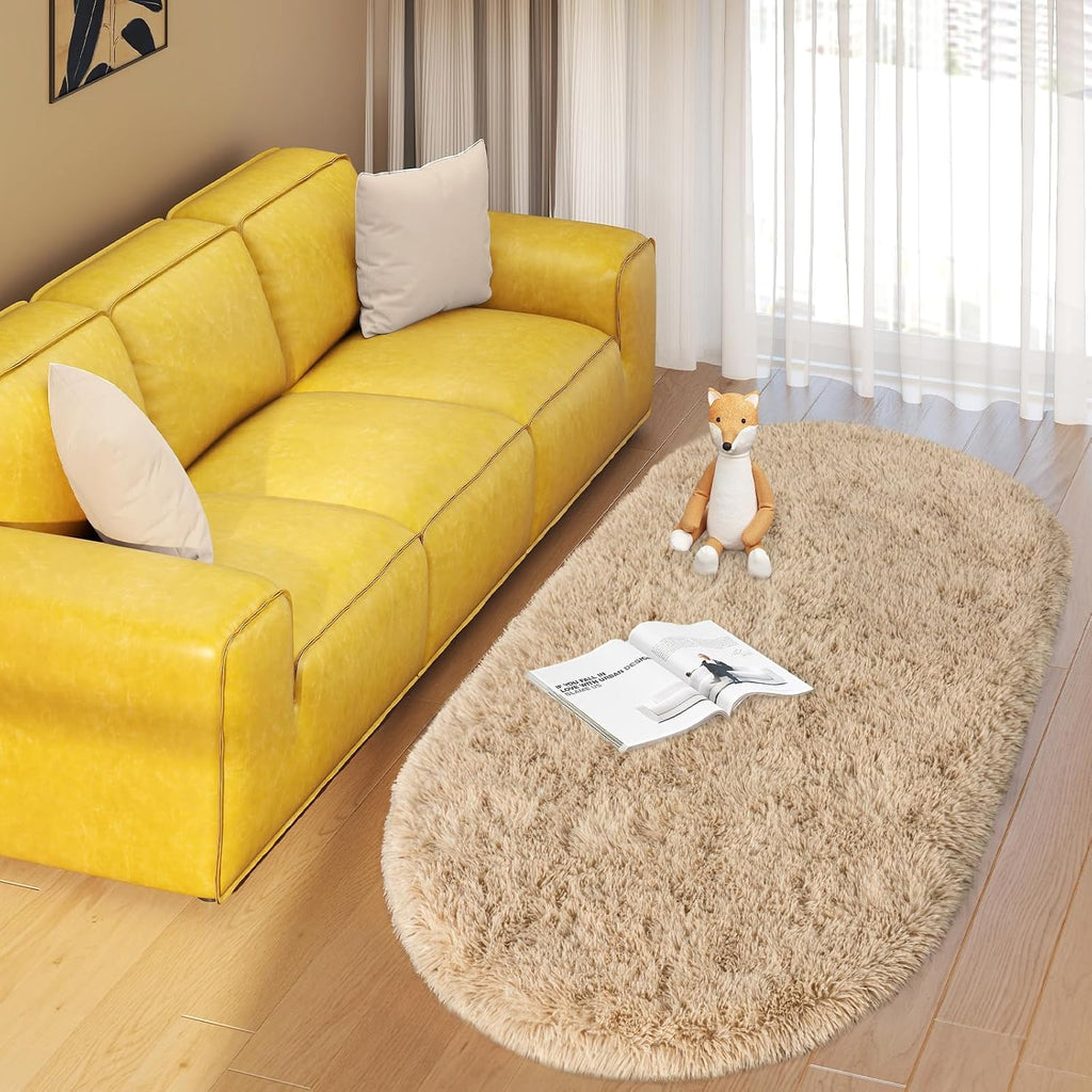 Soft Oval Beige Fluffy Rugs Washable Non-Slip, Set of 2