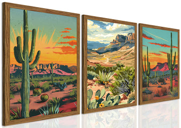 Framed Desert Landscape Wall Art Set of 3, Vintage Mexican Cactus Wall Decor Paintings, Boho Southwestern Mountain