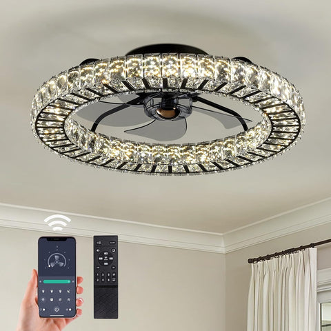Crystal Ceiling Fan with Light and Remote, 22" Luxury Dimmable Chandelier Ceiling Fan, Modern LED Fan