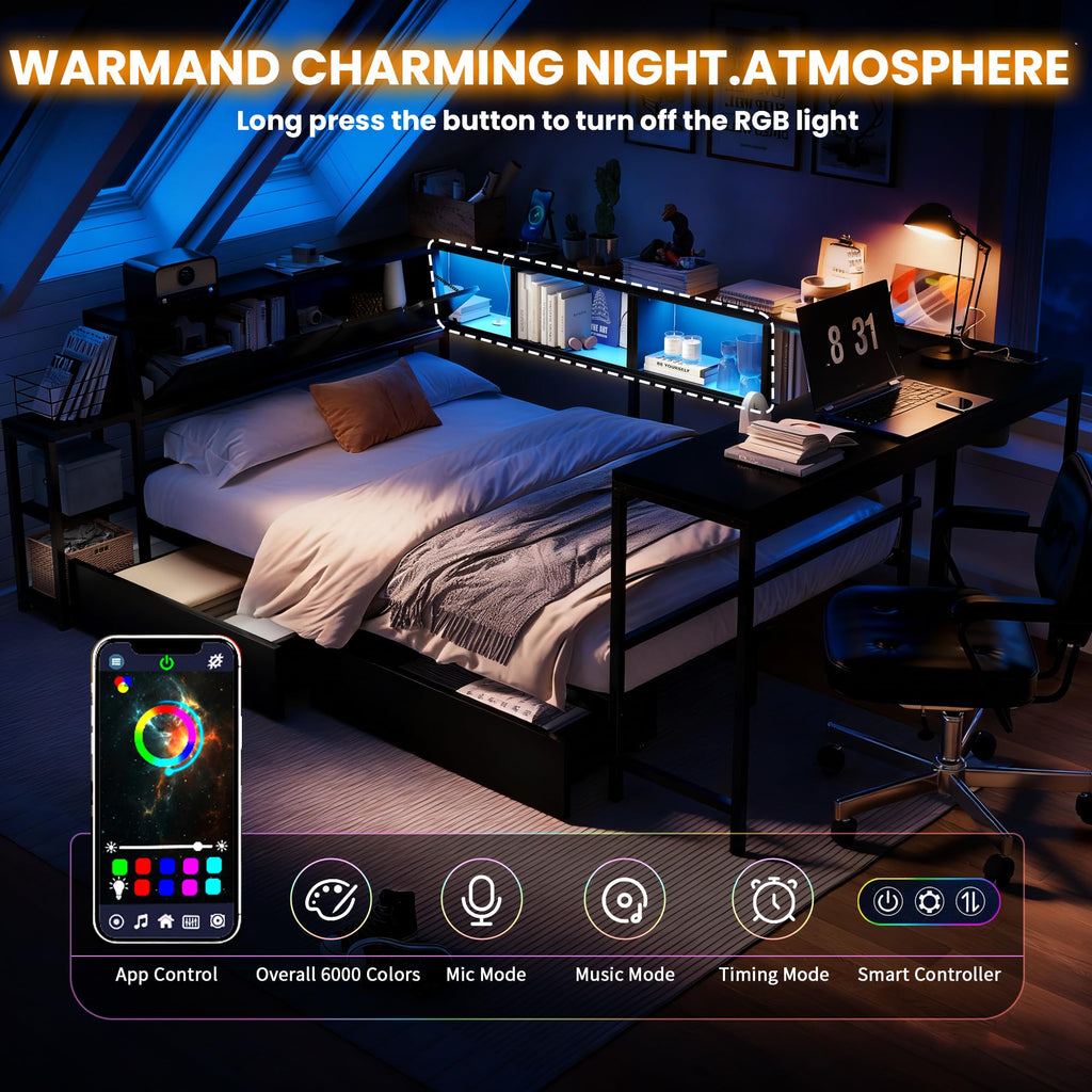 Corner Bed Frame with Storage Bookcase and Led Lights, Twin Size Metal Platform Bed Frame with Storage Drawers and