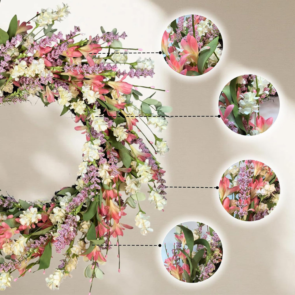 24 Inch Spring Summer Wreath for Front Door - with Colorful Flowers & Green Leaves - Indoor Outdoor Farmhouse Porch
