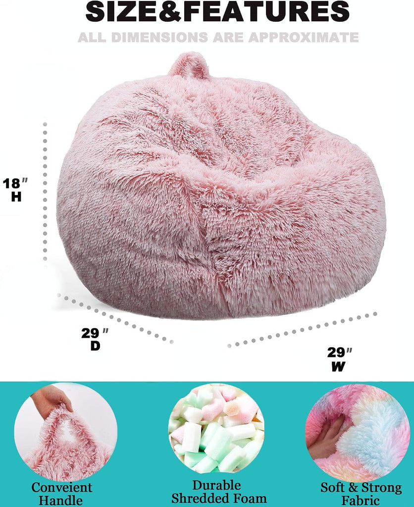 Fluffy Bean Bag Chair for Kids, 2.5FT Round Memory Foam Filled Bean Bag for Teens & Kids, Ultra Soft Faux Fur Fabric