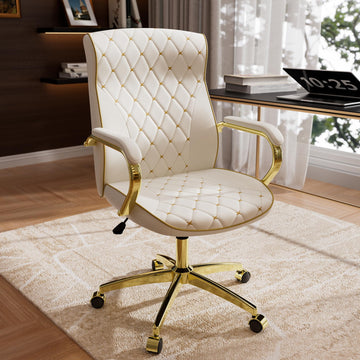 White and Gold Office Chair, Luxury Leather Executive Desk Chair