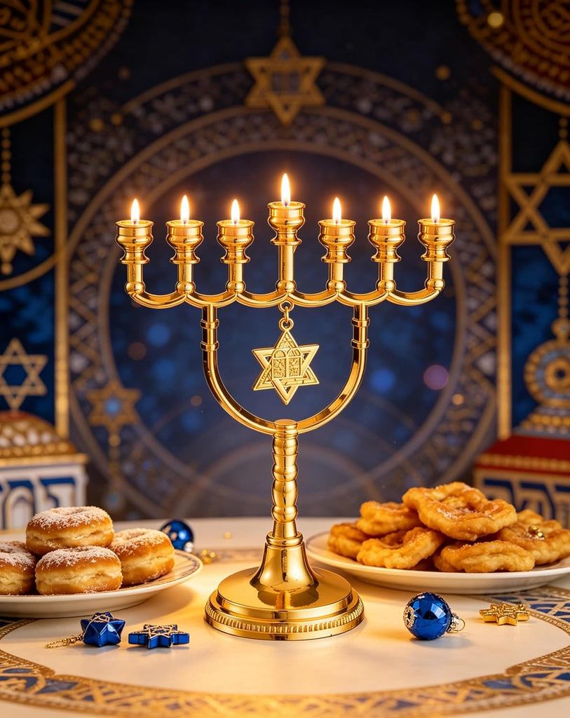 Gold 7 Branch Hanukkah Menorahs Candle Holder with Traditional Star