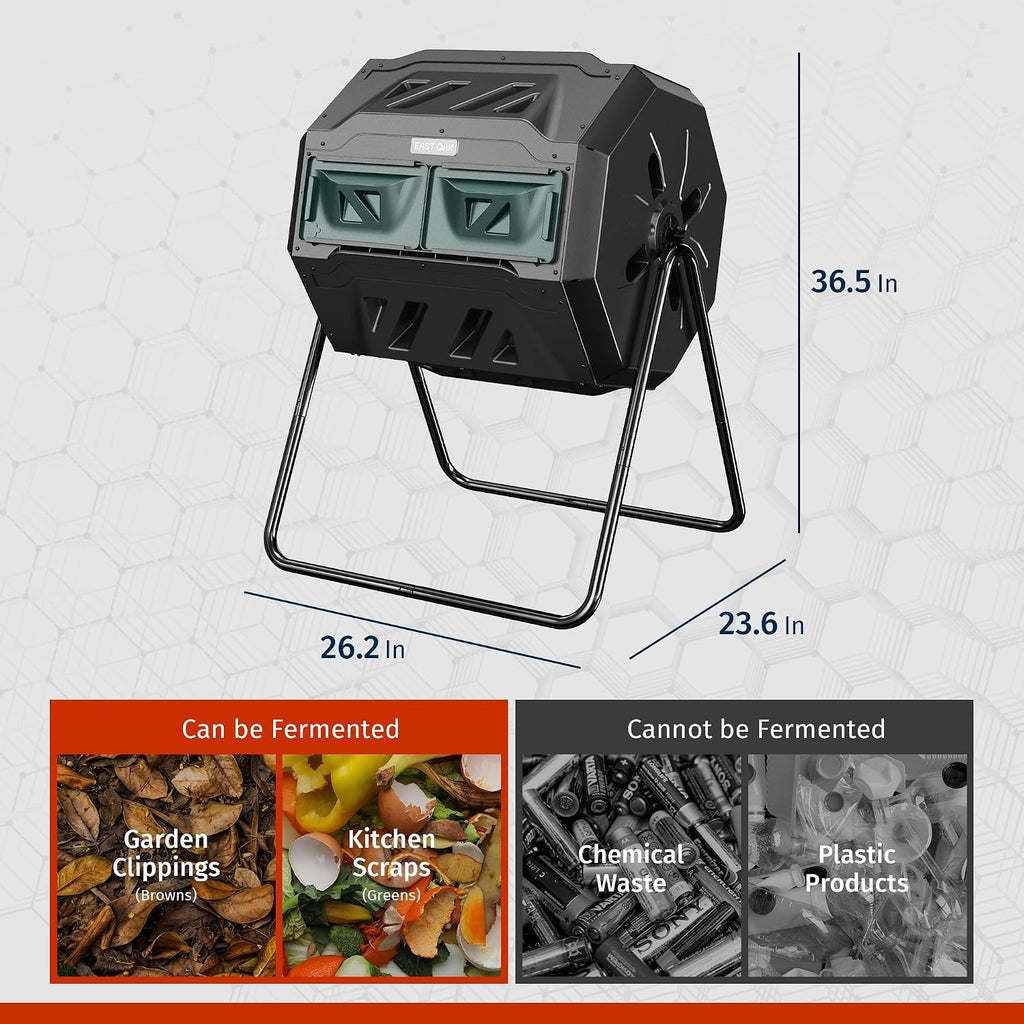 Compost Tumbler Outdoor, 43-Gal Dual Chamber Compost Bin with 2 Sliding Door and Aeration System, Tumbling Rotating