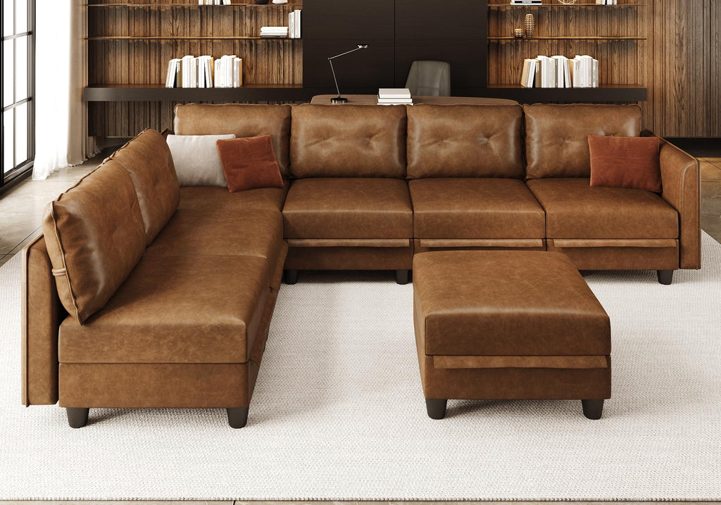 Brown Leather Modular Sofa Sectional Couch with Storage