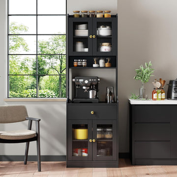 70.87" Tall Kitchen Pantry Storage Cabinet with Countertop, Glass Doors, Drawers, Microwave Stand and Shelves