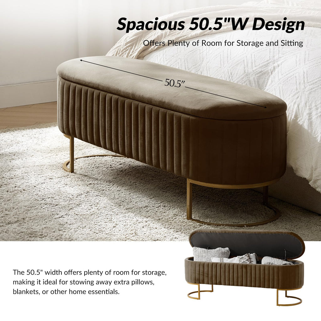 50.5" Velvet Storage Bench with Gold Legs, Modern End of Bed Bedroom Benches, Upholstered Flip Top Window Ottoman