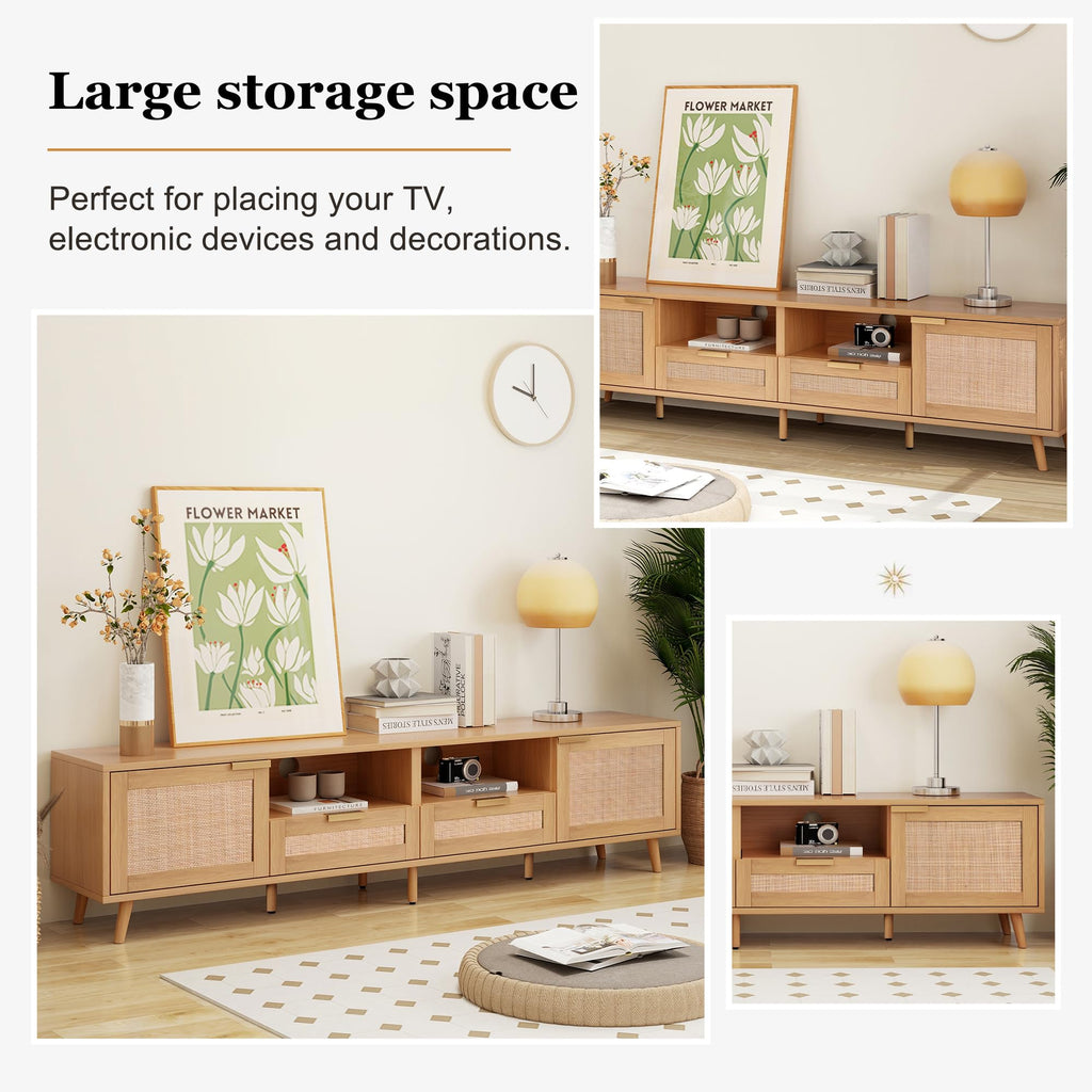 Boho TV Stand with Rattan Doors & Drawers, for TVs up to 85"