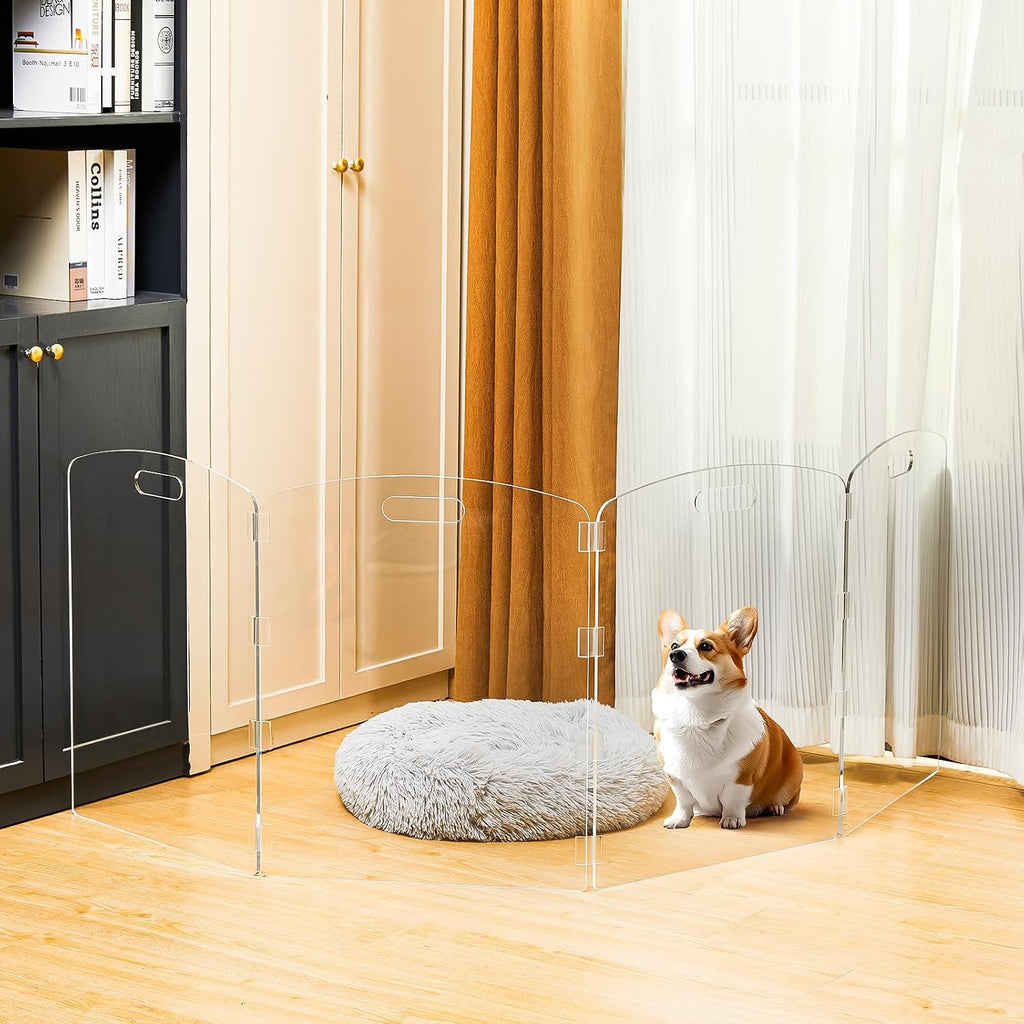 Modern Frame Clear Acrylic Freestanding Pet Gate - 24" High Extra-Wide Folding 4-Panel Dog Barrier for Doorways