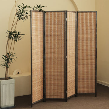 4 Panel Bamboo Room Divider - 5.6 ft Tall Folding Privacy Screen for Room Separation, Natural Brown Freestanding