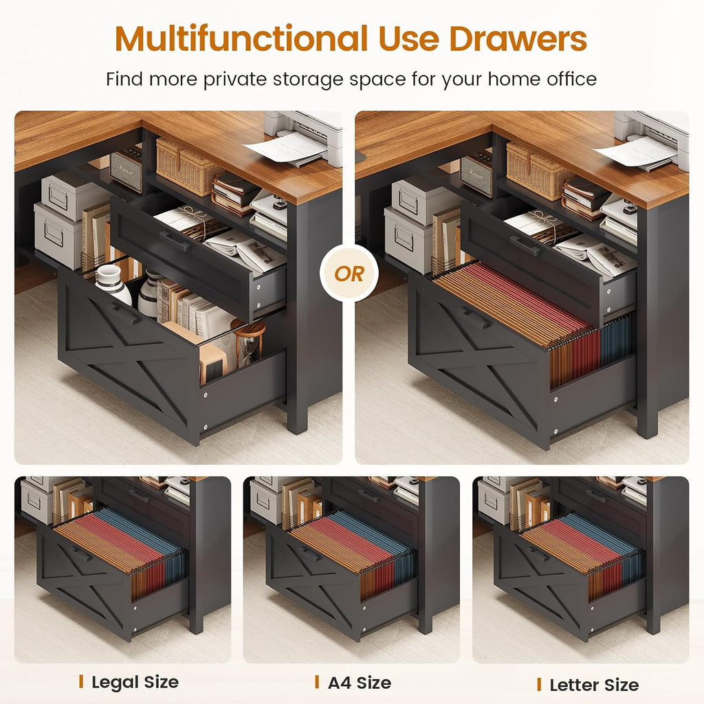 L Shaped Gaming Desk with Drawers, 55" Farmhouse Computer Desk with File Drawer and Storage Shelves, Corner Gaming