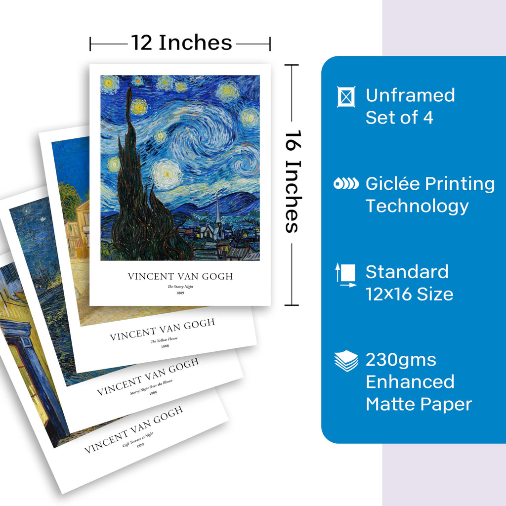 Van Gogh Starry Night Wall Art Set of 4, 12x16 Unframed Giclee Prints, Cafe Terrace at Night, Yellow House, Blue Gold