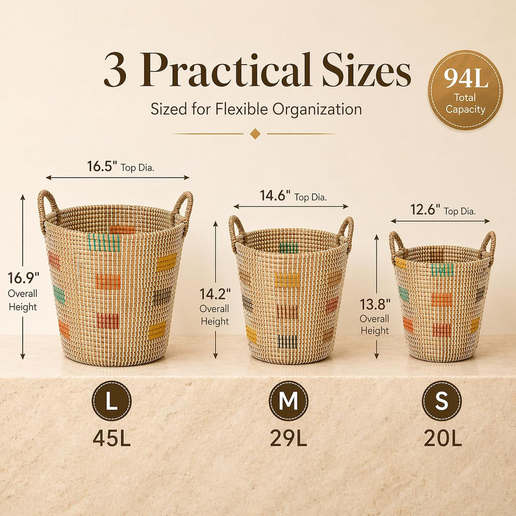 Natural Seagrass Storage Baskets Set of 3 with Handles, Handwoven Decorative Nesting Bins for Blankets, Towels, Toys