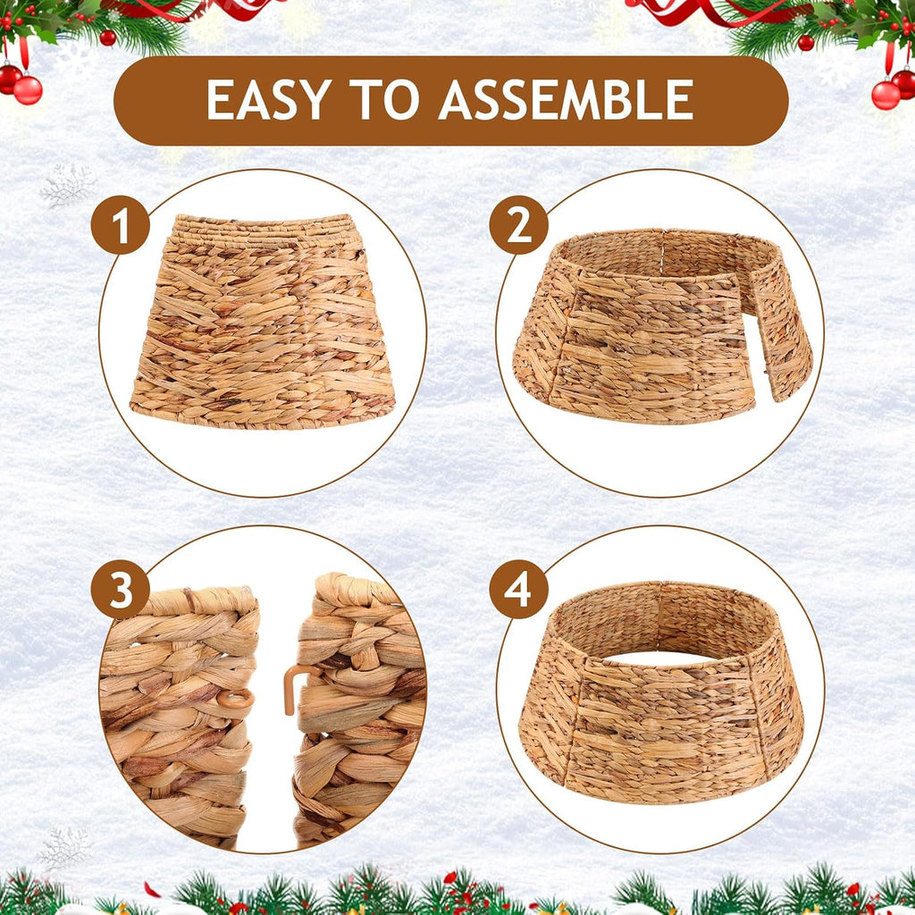 26 Inch Christmas Tree Collar Basket, Large Woven Hyacinth Rustic Christmas Tree Base Cover Skirt for Holiday