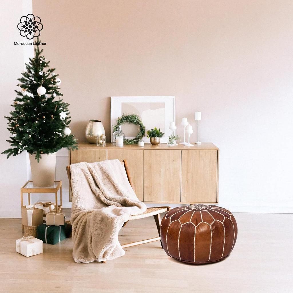 Pouf Ottoman Cover, Unstuffed Foot Stool, Round Boho Footrest Decor Gift (Dark Tan By White)