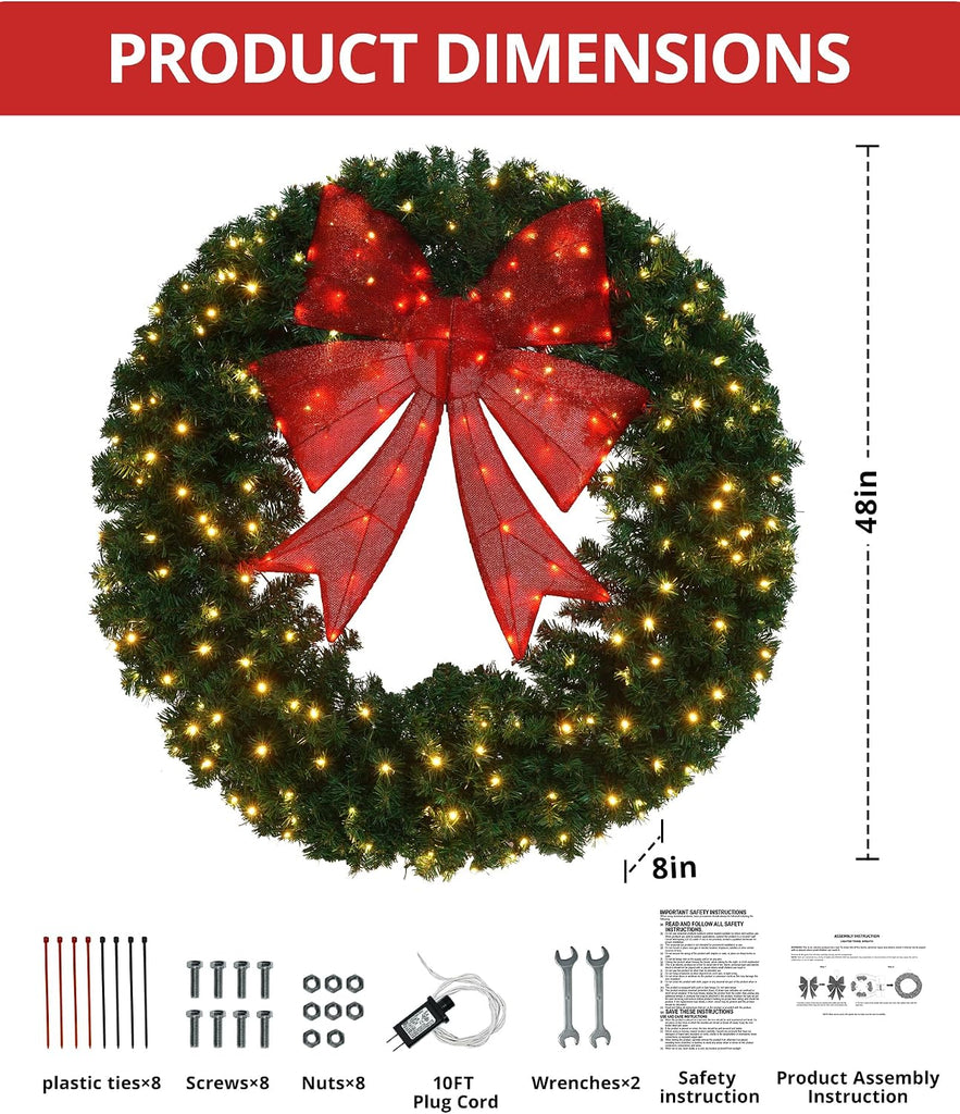 48In Pre-lit Artificial Christmas Wreath Holiday Decoration with 3D Red Bow