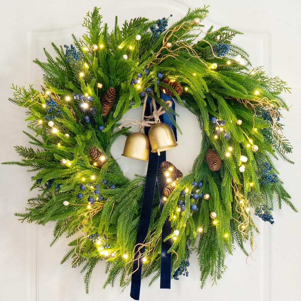 24 Inch Pre-Lit Norfolk Pine Christmas Wreath for Front Door, Artificial Plants Green Christmas Wreath with Lights