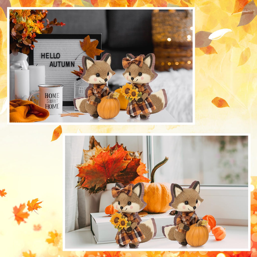 2 Pcs Fall Fox Figurines Wooden for Thanksgiving