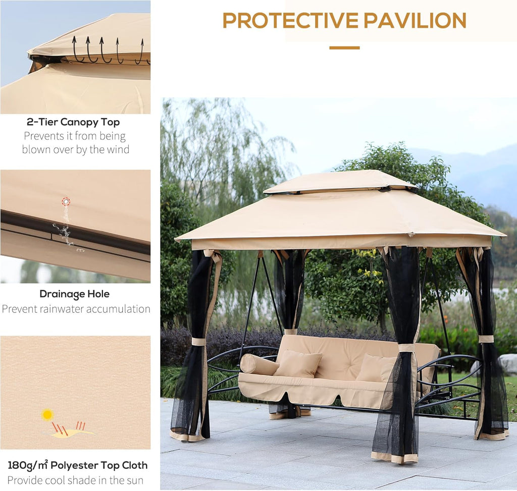 3-Seat Patio Swing Chair, Outdoor Gazebo Swing with Double Tier Canopy, Mesh Sidewalls, Cushioned Seat and Pillows