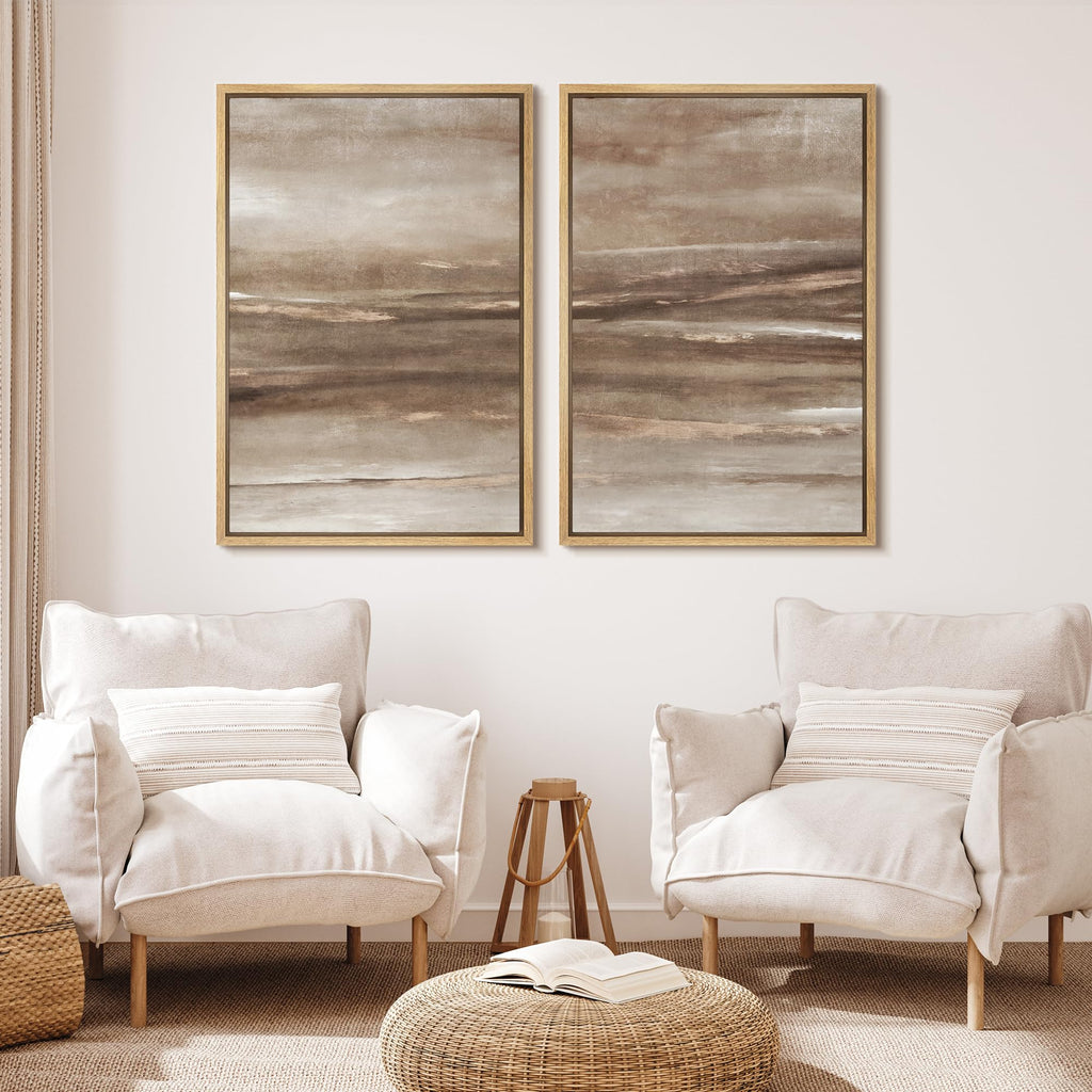 Framed Canvas Print Wall Art Set Earth Tone Abstract Horizon Brown and Beige Illustrations Modern Art Decorative