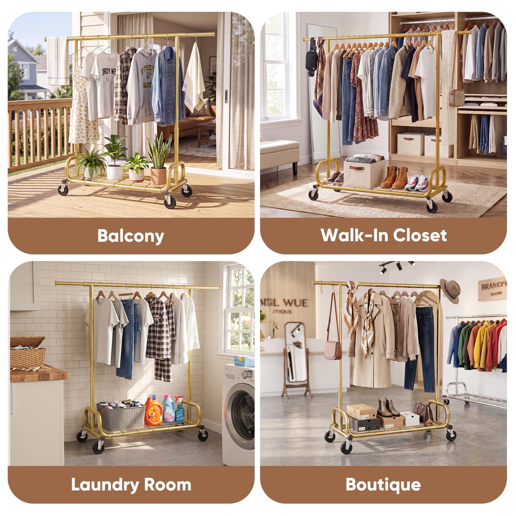 Clothes Rack 450LBS Adjustable Garment Rack with Wheels, Gold