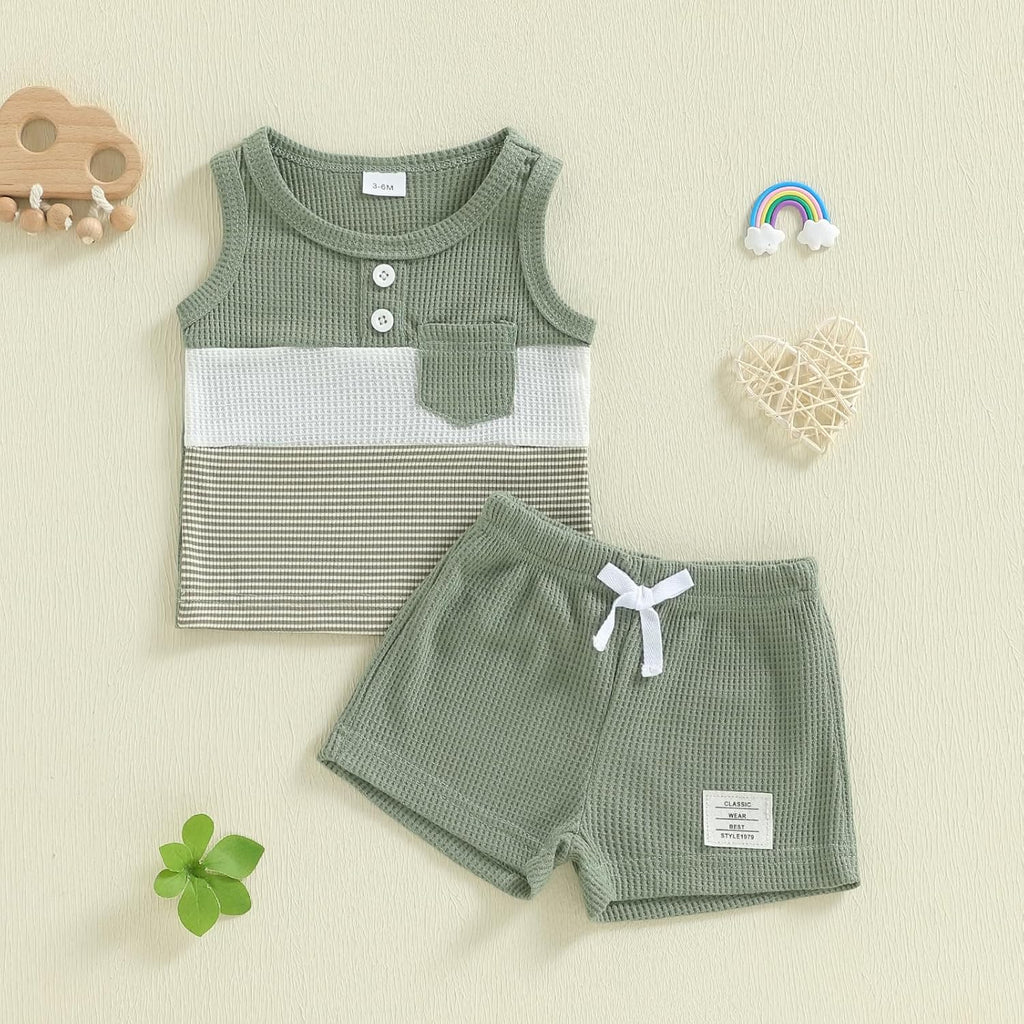 Baby Boy Summer Clothes Contrast Color Sleeveless Tops Elastic Waist Shorts Toddler Outfits Cute Set