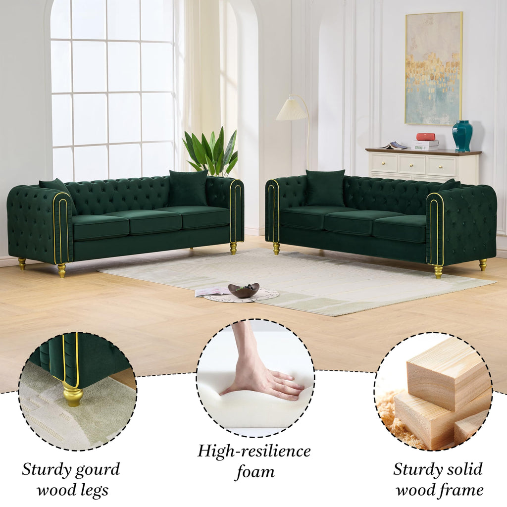 Chesterfield 2 Piece 86" Green Sofa Sets, 3+2-Seater Couch Comfy Sofa, Button Tufted Rolled Arms and Gold Legs for
