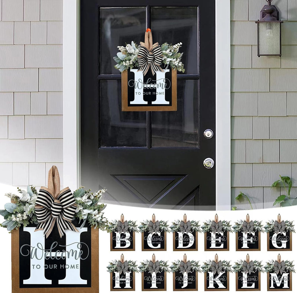 Last Name Year Round Front Door Wreath Front Porch Decoration 26 Letter Welcome Sign with Eucalyptus Garland and Bow