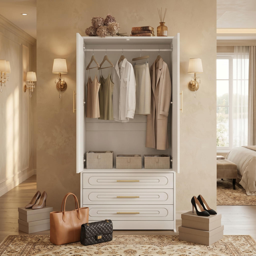 Armoire Wardrobe Closet with Drawers, 2 Doors Tall Wardrobe (2, White)