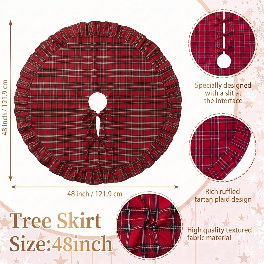 Christmas Tree Skirt with Ruffle Edge Bow, Red Tartan, 48 Inch