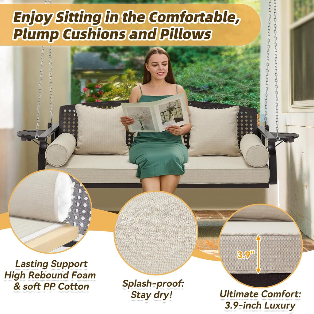3 Seat Hanging Porch Swing, Patio Swing Bench with Cup Holders & 3 Back Cushions, Swing Chair with Chains for Deck
