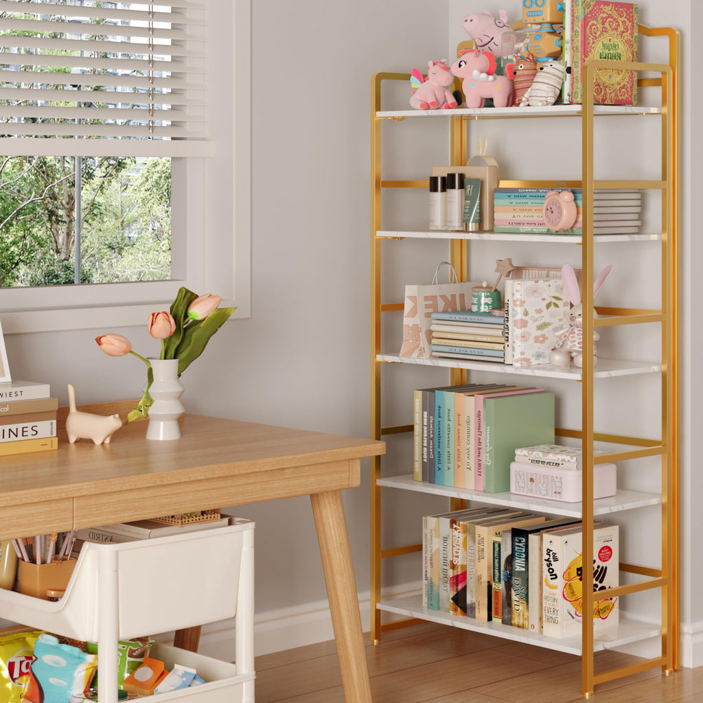 5 Tier No Assembly Folding Bookshelf, Arched Bookshelf, Foldable Bookcase, Skinny Bookshelf (White and Gold)
