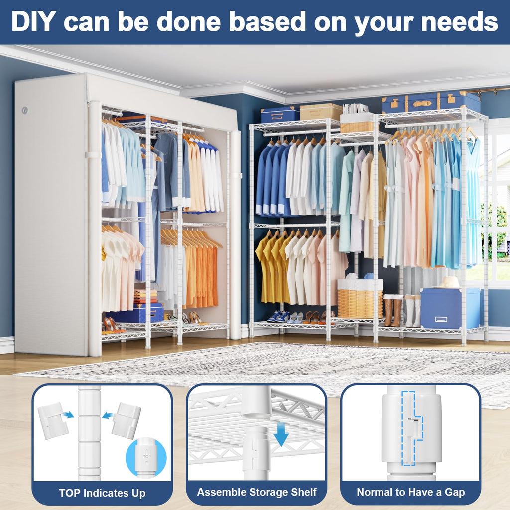 E12C Heavy Duty Closet Organizer System, Freestanding Clothing Rack, Adjustable Garment Rack 57.1" W x 16" D x 76.5" H