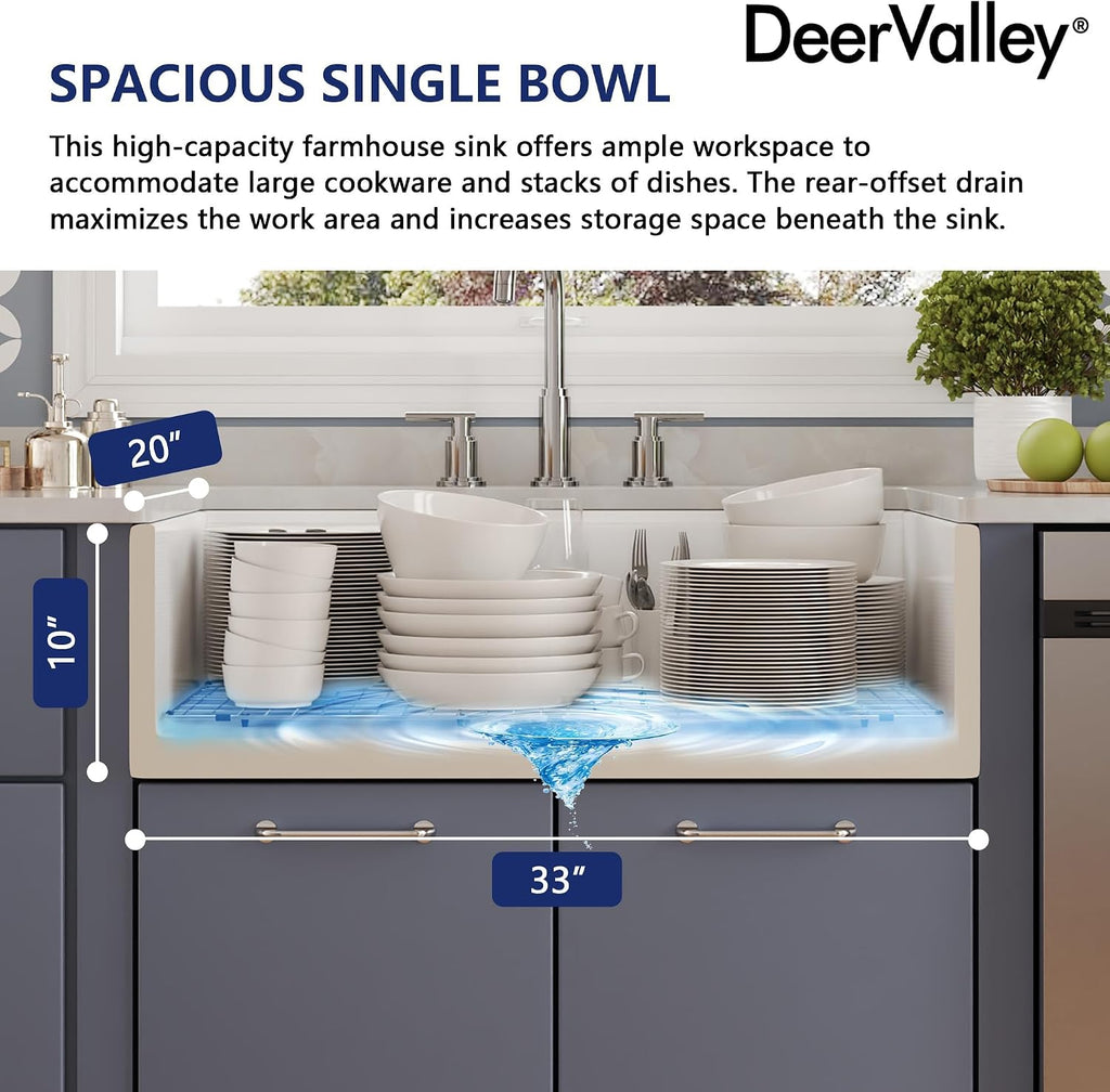Farmhouse Kitchen Sink Workstation 33 inch White Fireclay Apron Front Farm Sinks Single Bowl Deep Drop-in Undermount