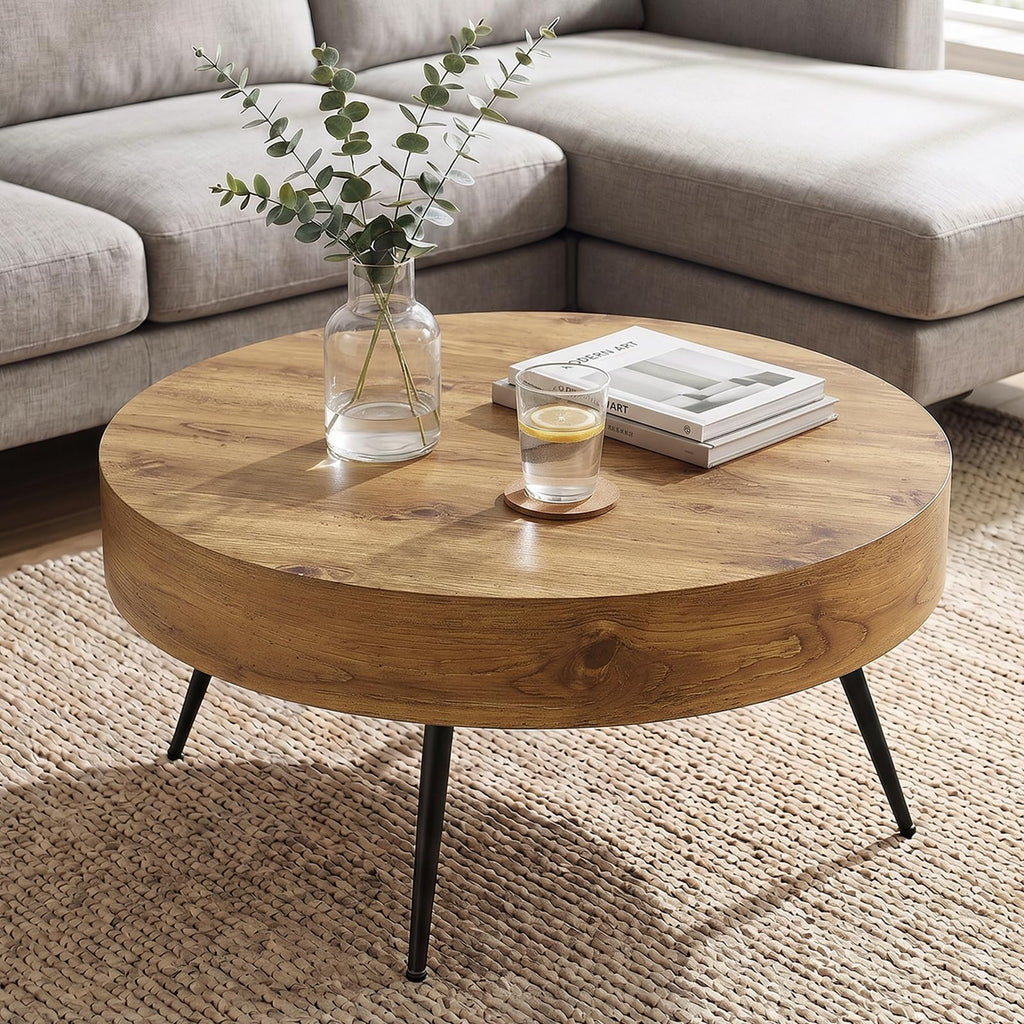 Round Coffee Table, Mid Century Small Coffee Table with Metal Legs, Wood Coffee Table Accent Center Table Apartment