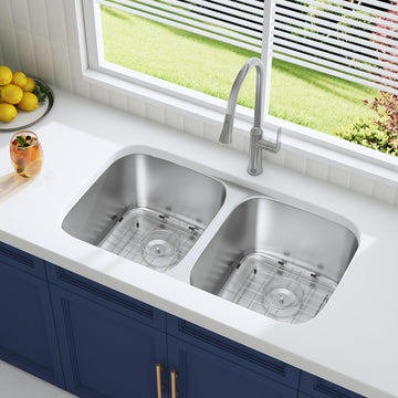 32 Inch Undermount 50/50 Double Bowl Kitchen Sink | 304 Stainless Steel, 18 Gauge Thickness, Large Capacity, Basket