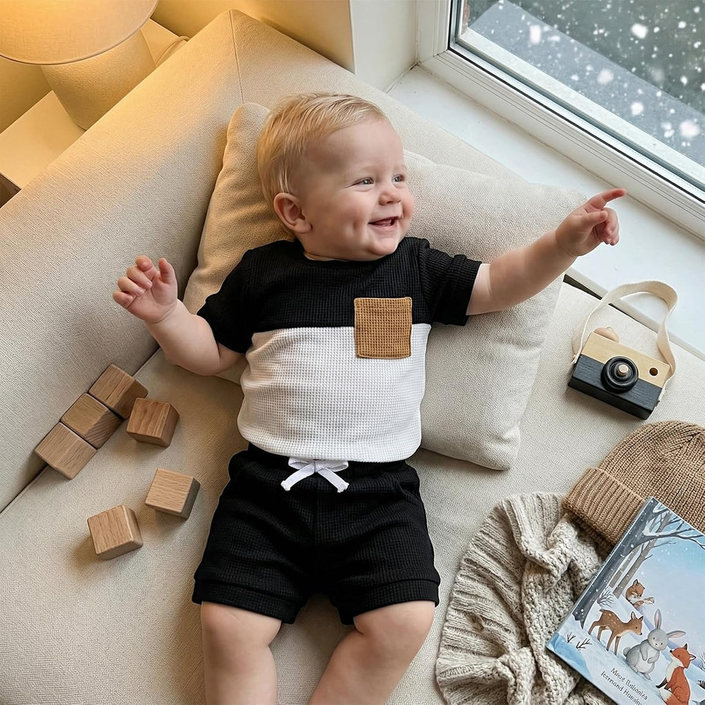 Newborn Baby Boy Summer Outfit Set Contrast Color Romper Tops With Elastic Waist Shorts Cute Infant Waffle Clothes