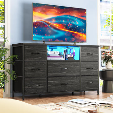 Dresser with LED & Charging Station, 8 Drawers Black