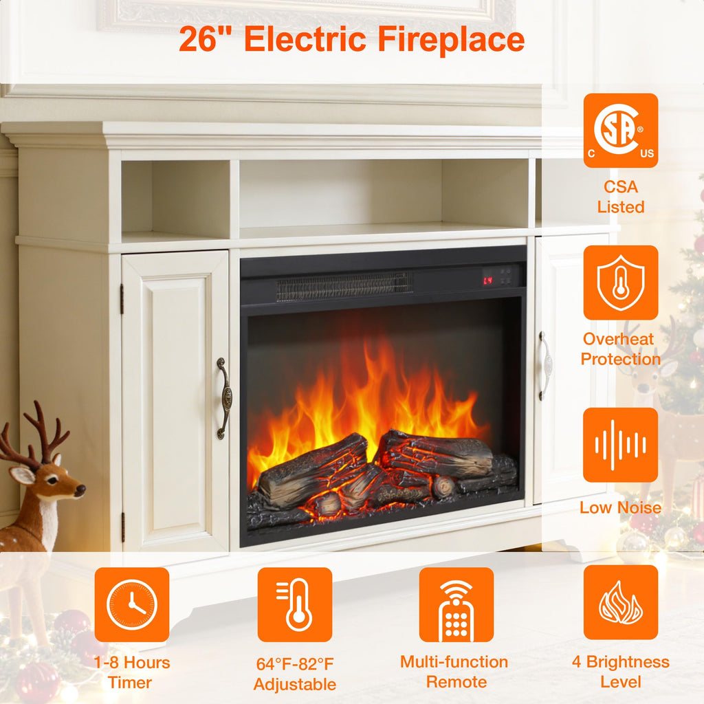 26" Electric Fireplace Insert, Realistic Flame & Logs, Fireplace Heater with Adjustable 4 Flame Brightness, Remote