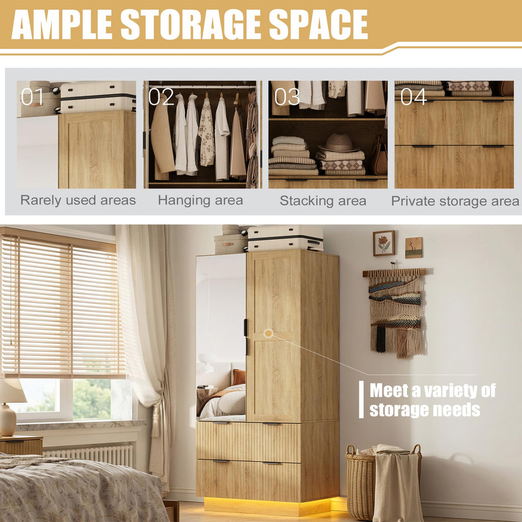 Wardrobe Closet with 2 Doors, Pegboard and Mirror, Wood Armoires