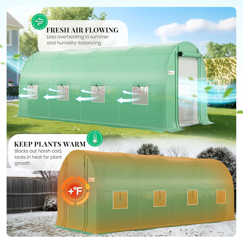 Premium 15x7x7 FT Greenhouse for Outdoors, Large Heavy Duty | Galvanized Steel Frame, Mesh Door Screen Window Hoop